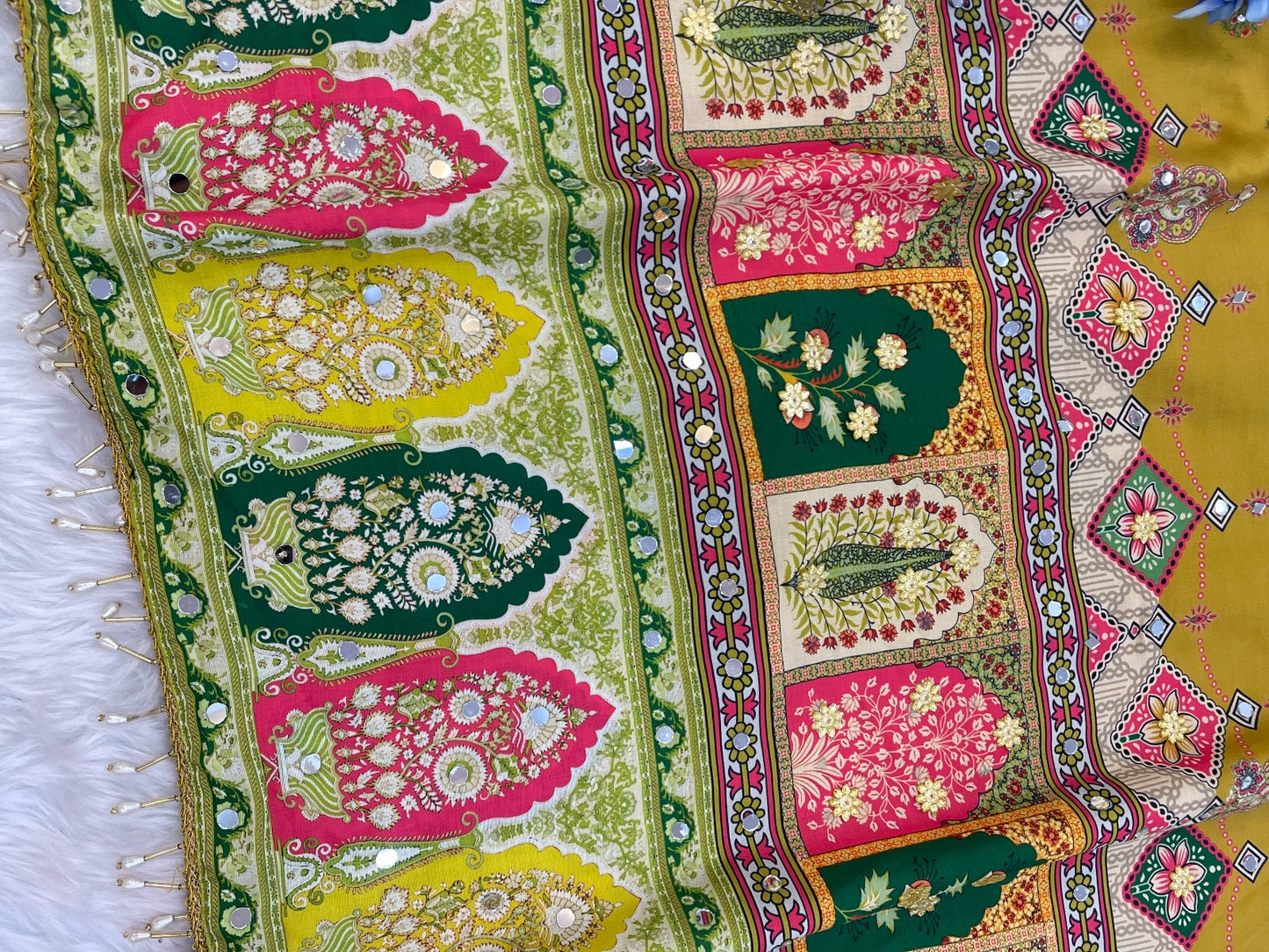 Heavy Muslim Cotton With Heavy Digital Print With Mirror Handwork Top-Bottom And Dupatta Set Fully Stitched