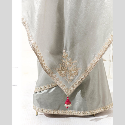 light grey with pinkish Runway Organza Tissue Saree with Heavy Embroidered Border