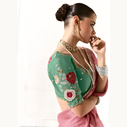 light pink with gold Runway Organza Tissue Saree with Heavy Embroidered Border