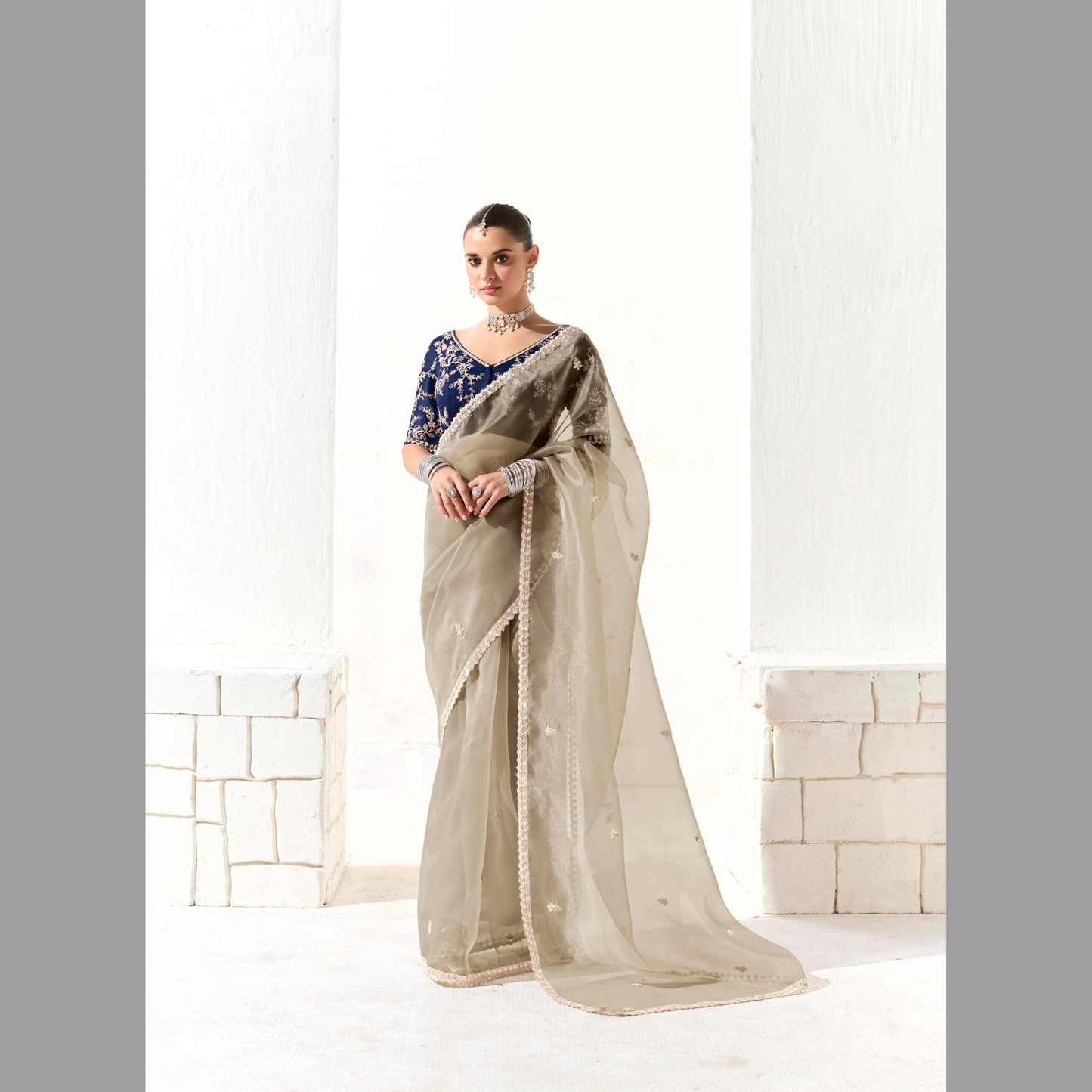 Light beige with pink and gold Runway Organza Tissue Saree with Heavy Embroidered Border