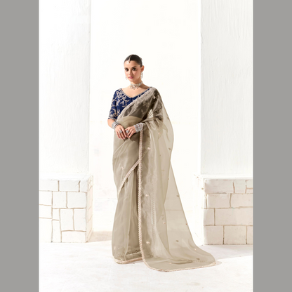 Light beige with pink and gold Runway Organza Tissue Saree with Heavy Embroidered Border