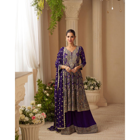 Zehra Blue Royal Embroidered Sharara Suit