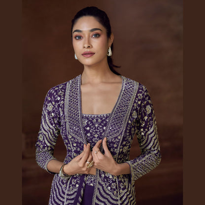 Ira Midnight palazzo set with sequin-embroidered bustier and jacket in zari