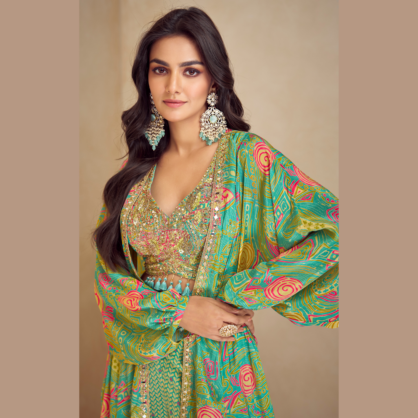 Noorani Raat Printed Palazzo Set with Embellished Blouse & Cape