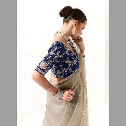 Light beige with pink and gold Runway Organza Tissue Saree with Heavy Embroidered Border