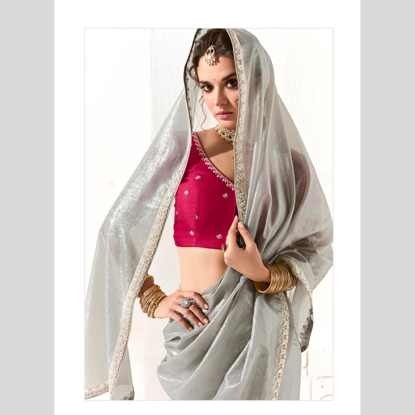 light grey with pinkish Runway Organza Tissue Saree with Heavy Embroidered Border