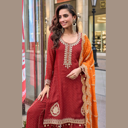 Charbagh Manjari Buti Sindoor Red Signature Festive Sharara Set