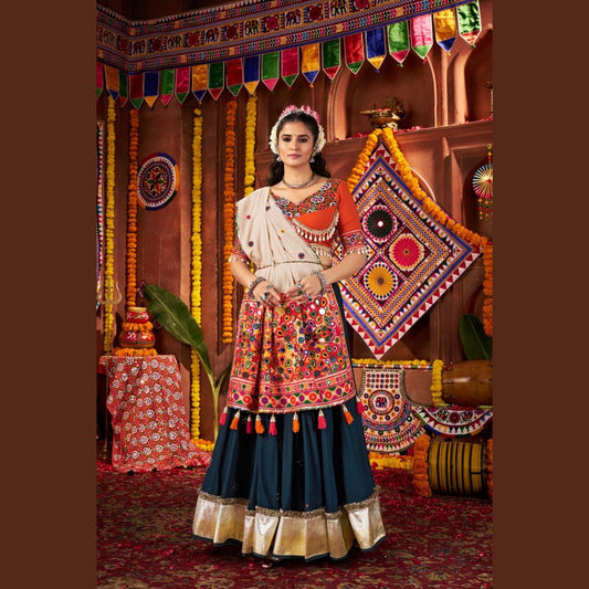 Teal Blossom Coral-Accented Navratri Lehenga Set