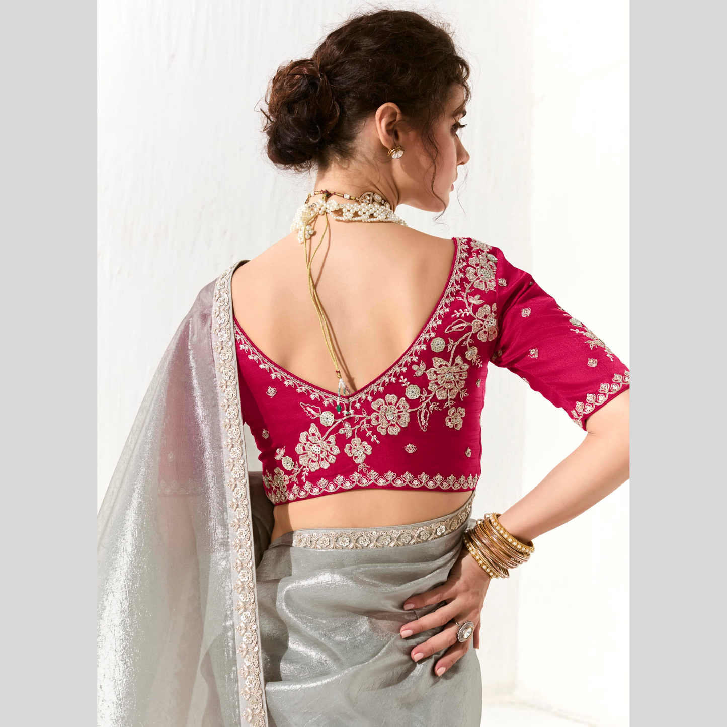 light grey with pinkish Runway Organza Tissue Saree with Heavy Embroidered Border