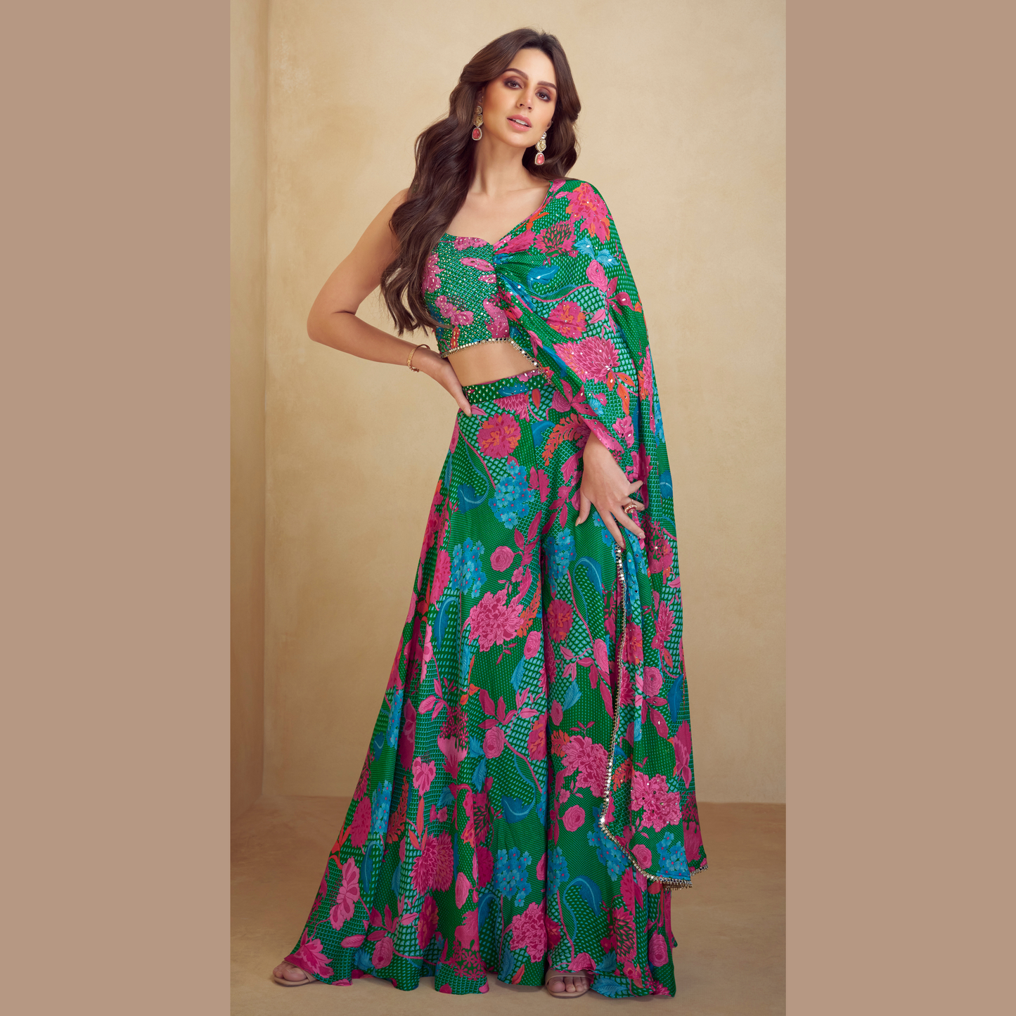 Phoolan Rani Printed Lehenga Set with One-Shoulder Draped Blouse