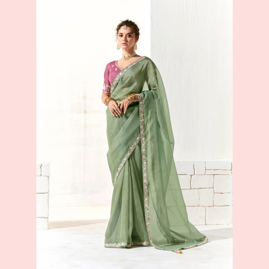 Light Green Runway Organza Tissue Saree with Heavy Embroidered Border – Designer Party Wear