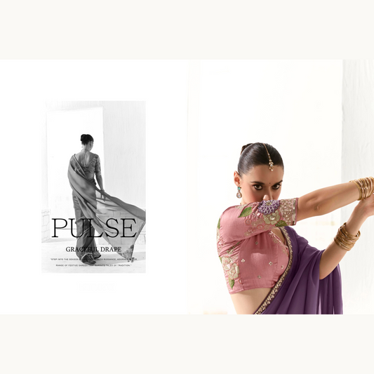 purple shade with a gold Runway Organza Tissue Saree with Heavy Embroidered Border