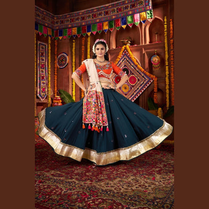Teal Blossom Coral-Accented Navratri Lehenga Set
