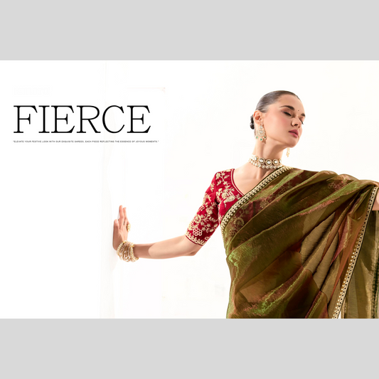 olive green Runway Organza Tissue Saree with Heavy Embroidered Border