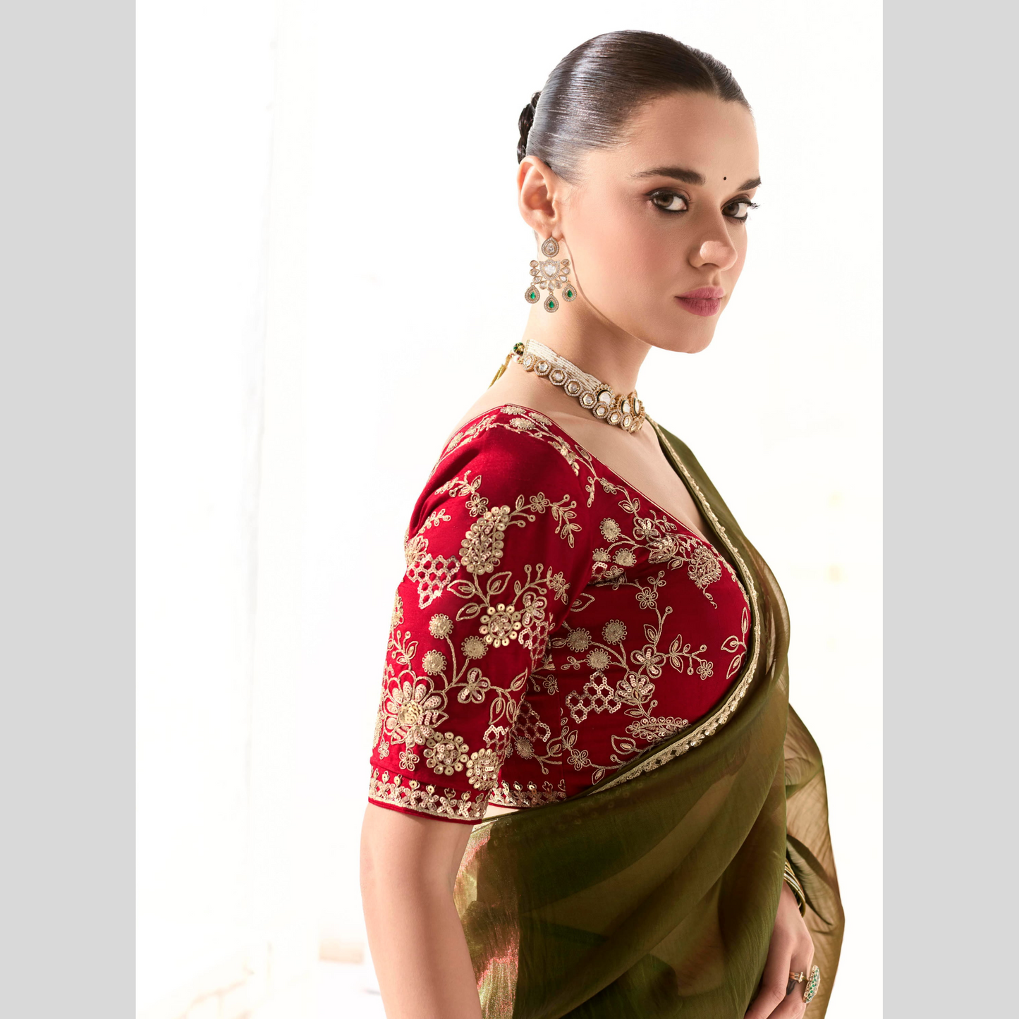 olive green Runway Organza Tissue Saree with Heavy Embroidered Border