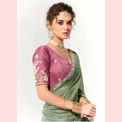 Light Green Runway Organza Tissue Saree with Heavy Embroidered Border – Designer Party Wear