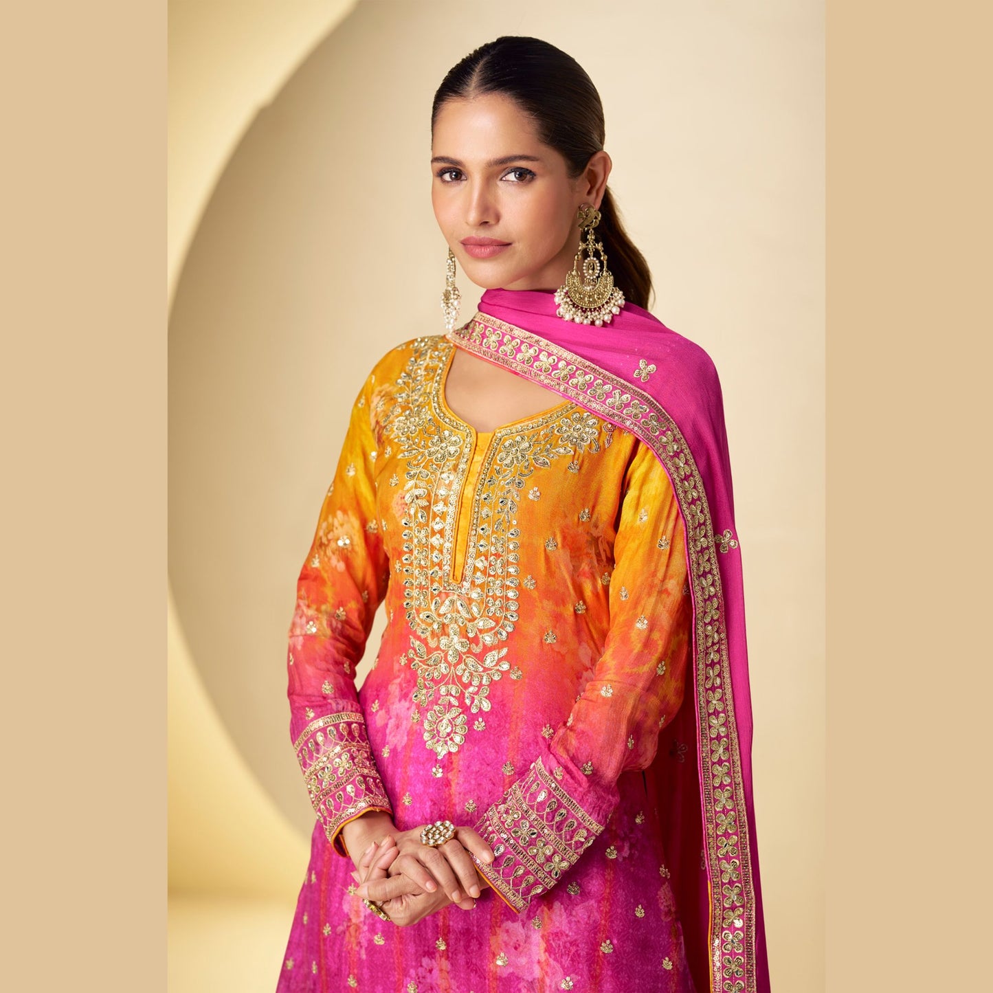 Fuchsia Flame Embroidered Sharara Set with Dupatta