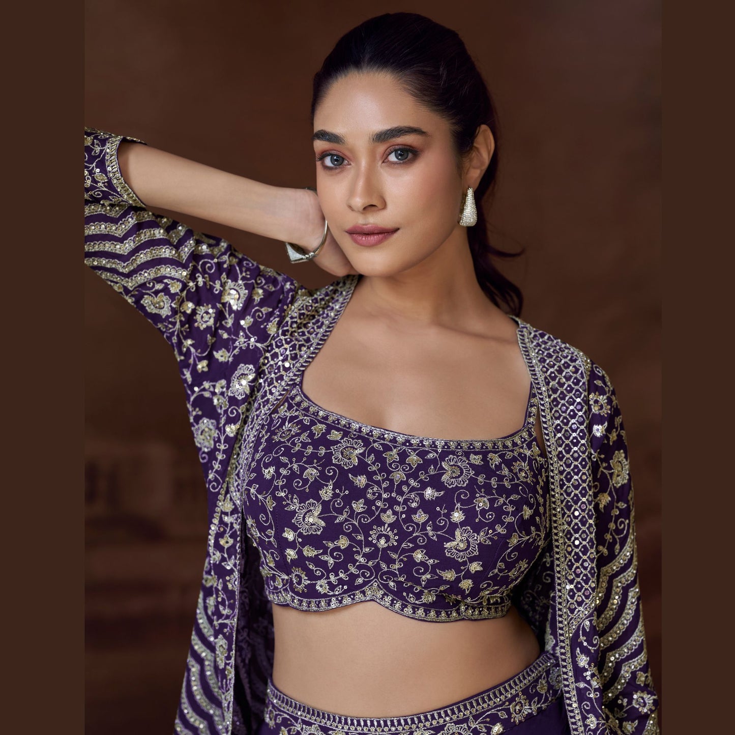 Ira Midnight palazzo set with sequin-embroidered bustier and jacket in zari