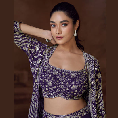 Ira Midnight palazzo set with sequin-embroidered bustier and jacket in zari