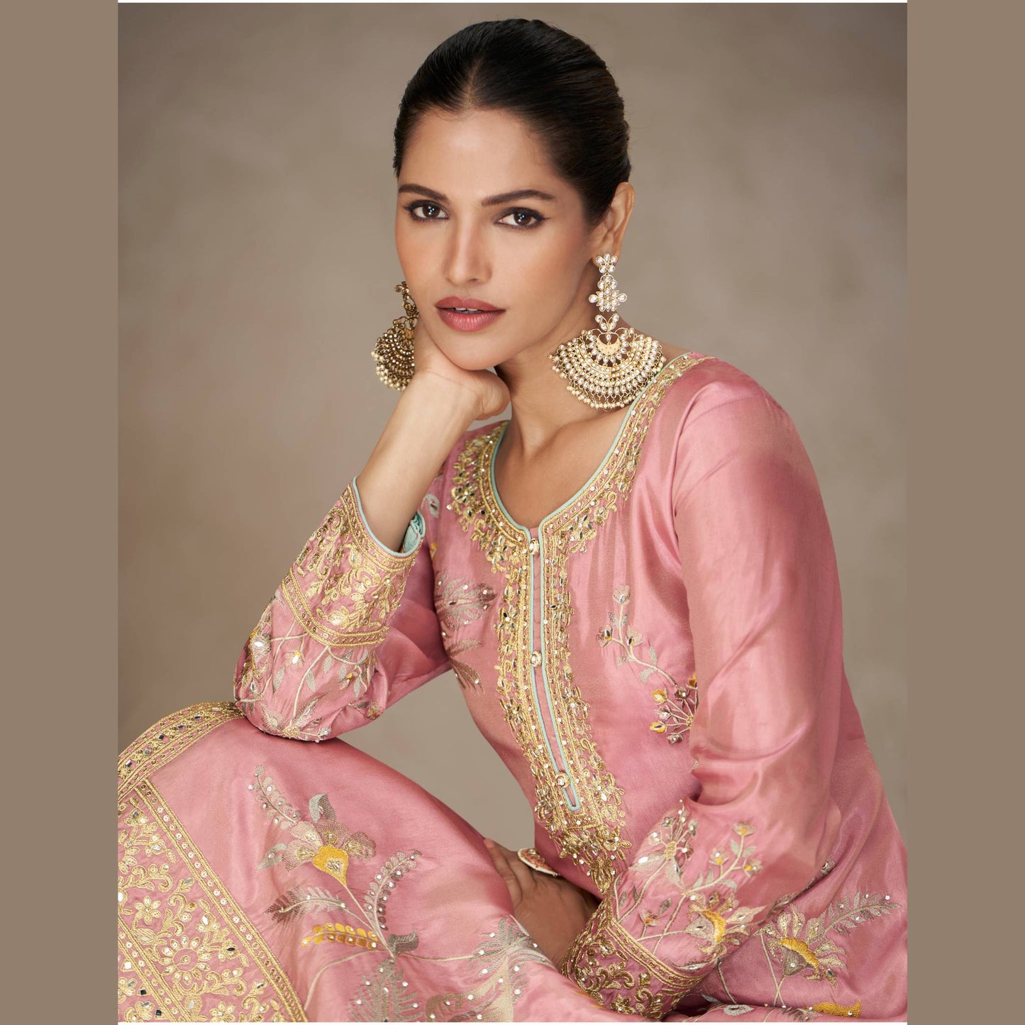 Blush Pink Silk Straight Kurta Palazzo Set with Grey Dupatta