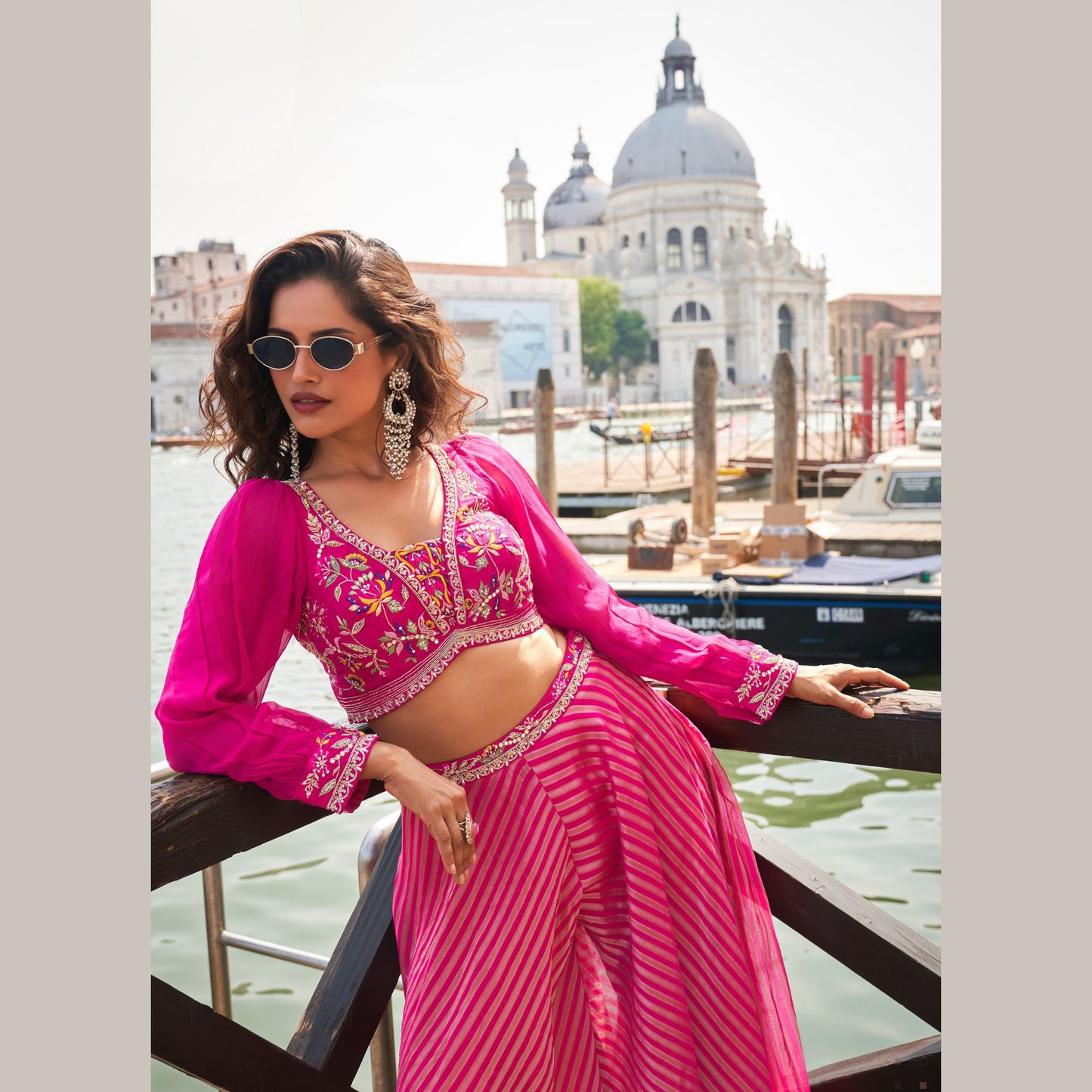 GulRuh Fuchsia Pink Cape & Flared Palazzo Set