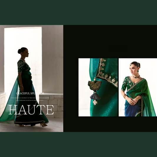 Mustard yellow with green and gold Runway Organza Tissue Saree