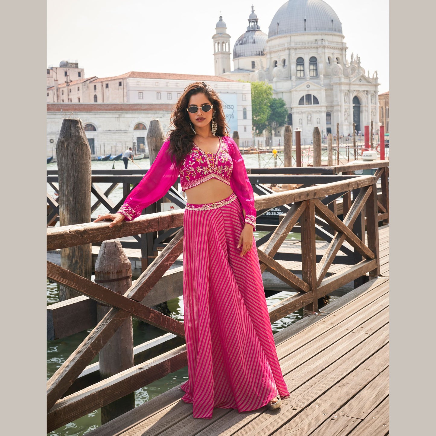 GulRuh Fuchsia Pink Cape & Flared Palazzo Set