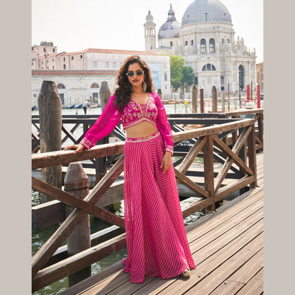 GulRuh Fuchsia Pink Cape & Flared Palazzo Set