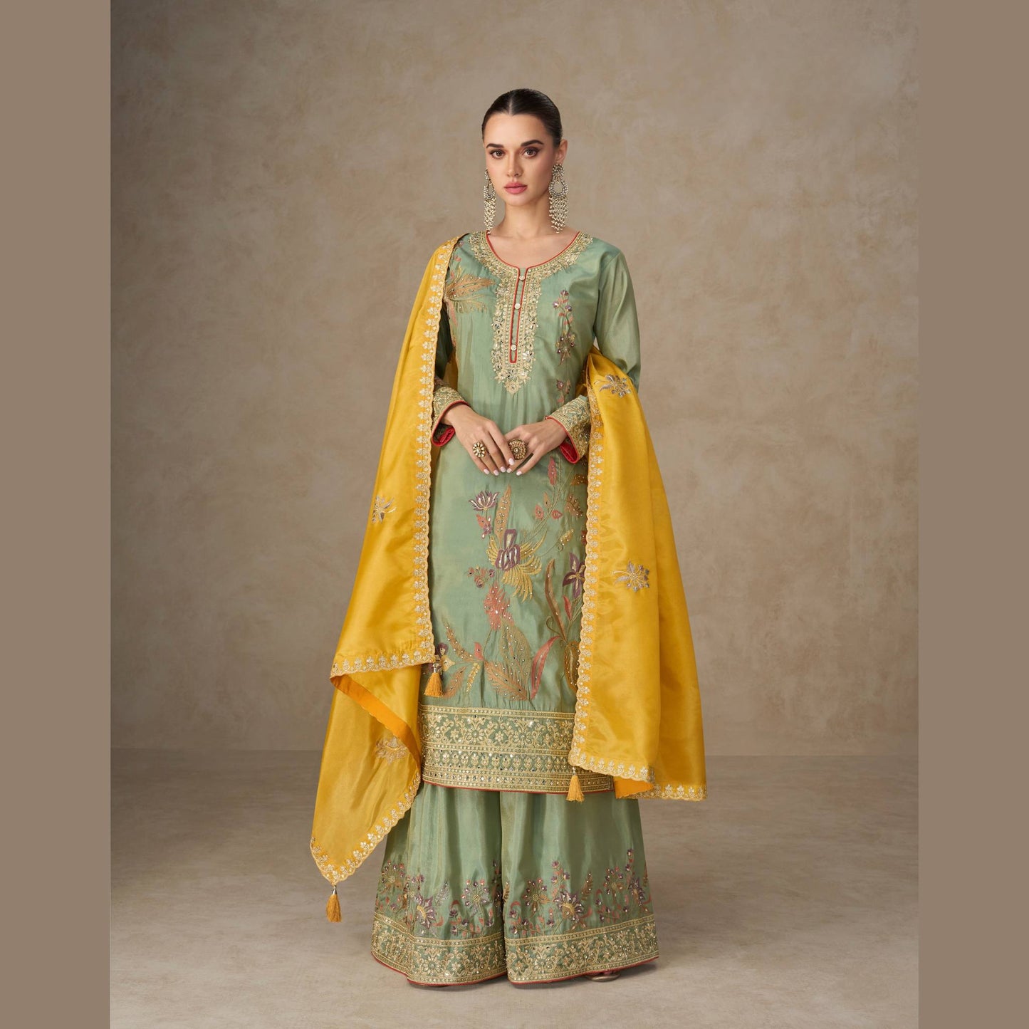 Noor-E-Bahar – Mint Green Silk Straight Kurta Palazzo Set with Mustard Dupatta