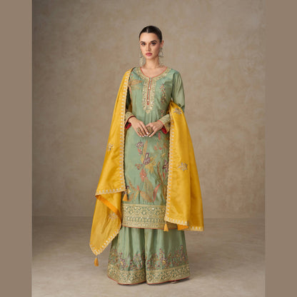 Noor-E-Bahar – Mint Green Silk Straight Kurta Palazzo Set with Mustard Dupatta