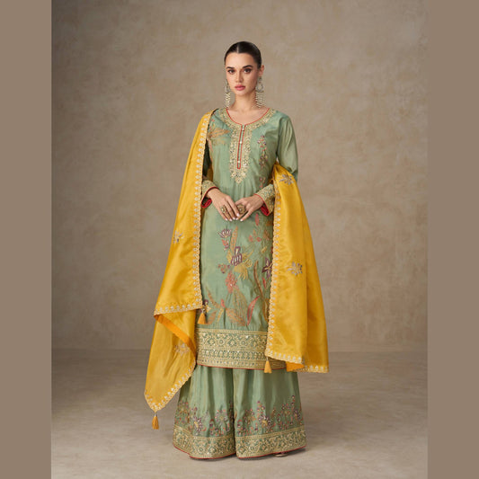 Noor-E-Bahar – Mint Green Silk Straight Kurta Palazzo Set with Mustard Dupatta