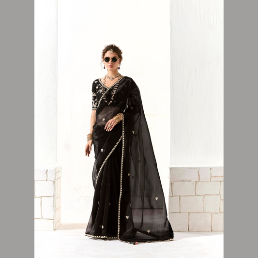 Black Runway Organza Tissue Saree with Heavy Embroidered Border – Designer Party Wear