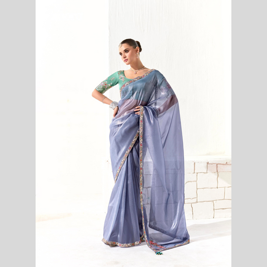 purple tint Runway Organza Tissue Saree with Heavy Embroidered Border – Designer Party Wear