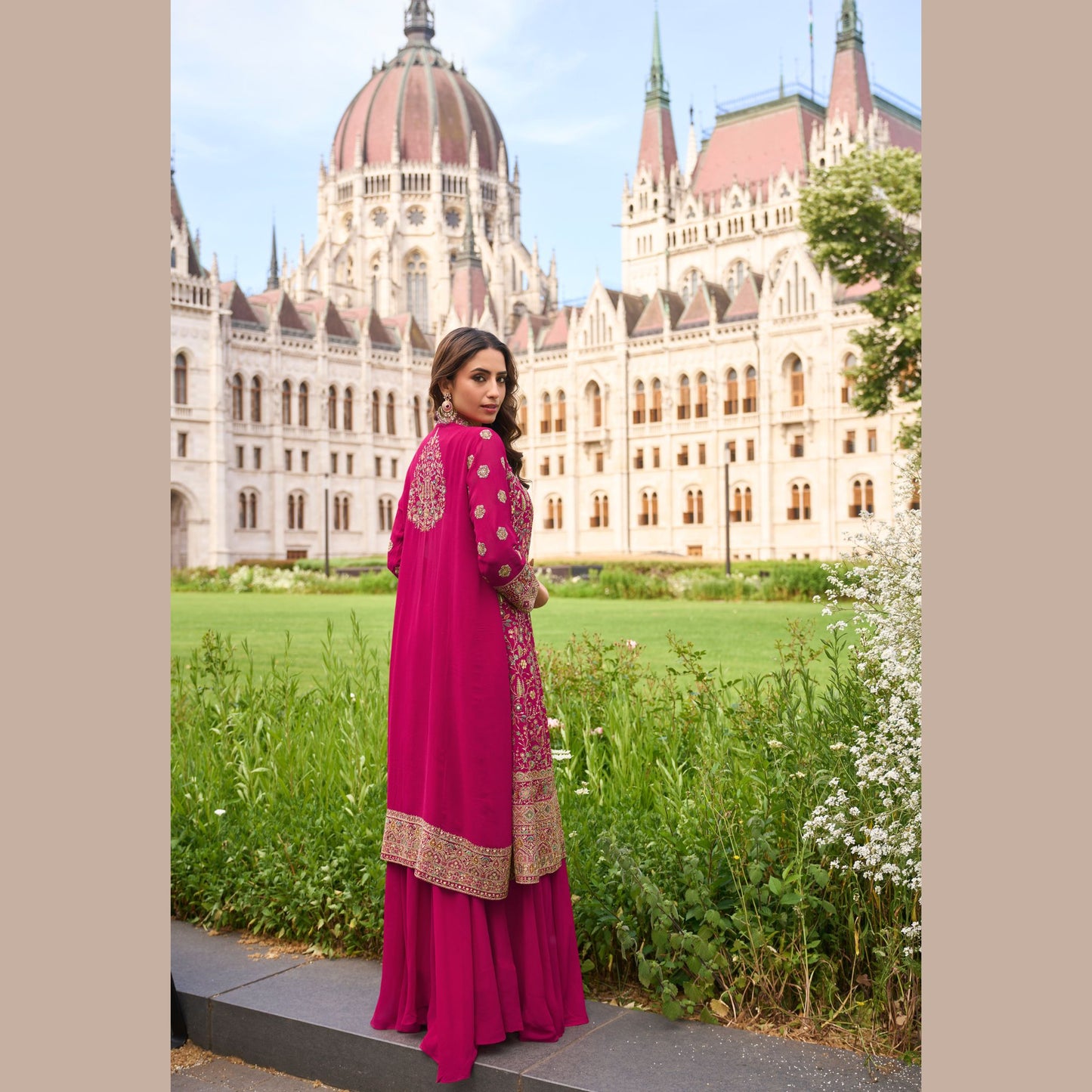 Fuchsia Royale Jacket Sharara Set