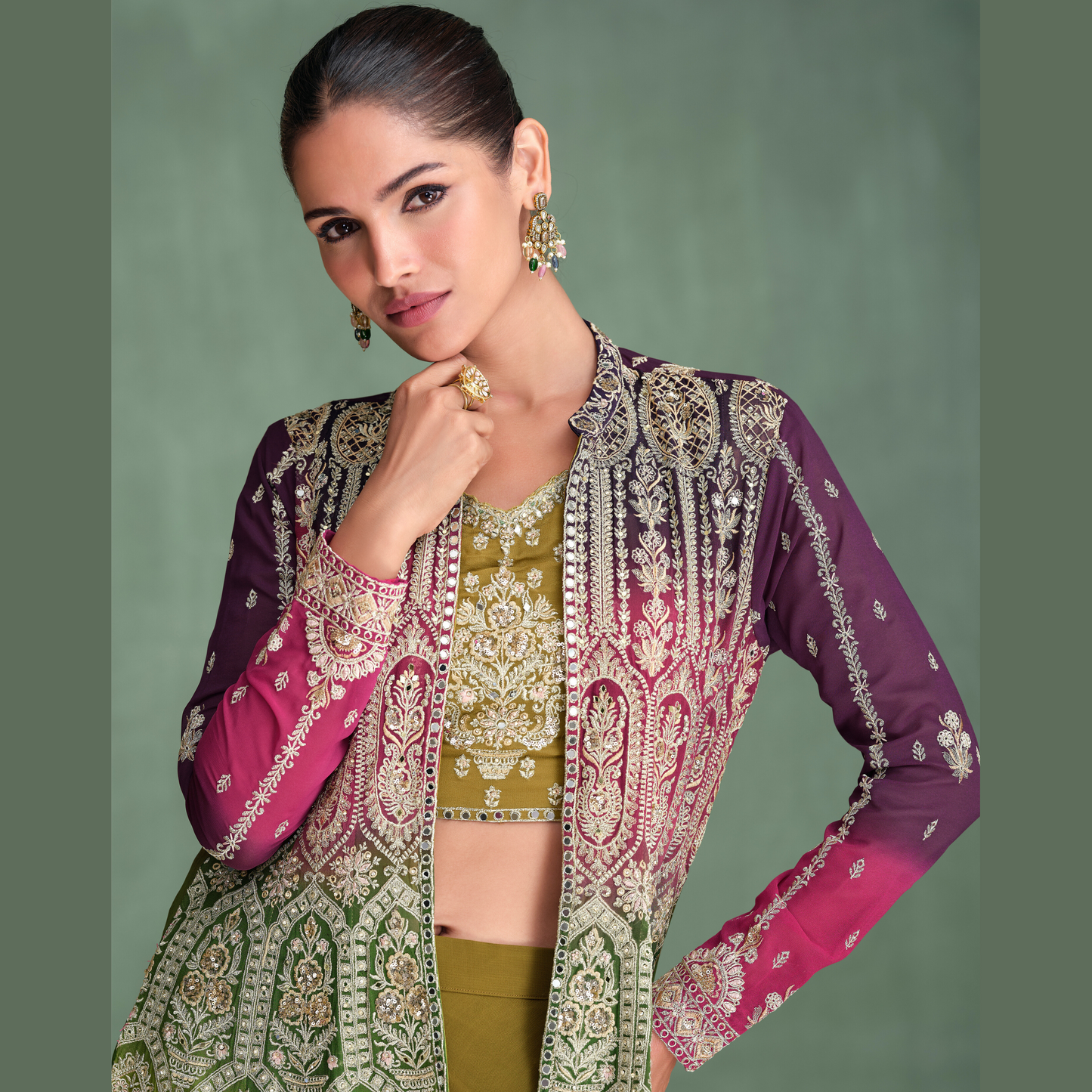 Embroidered Long Jacket-Style Kurti