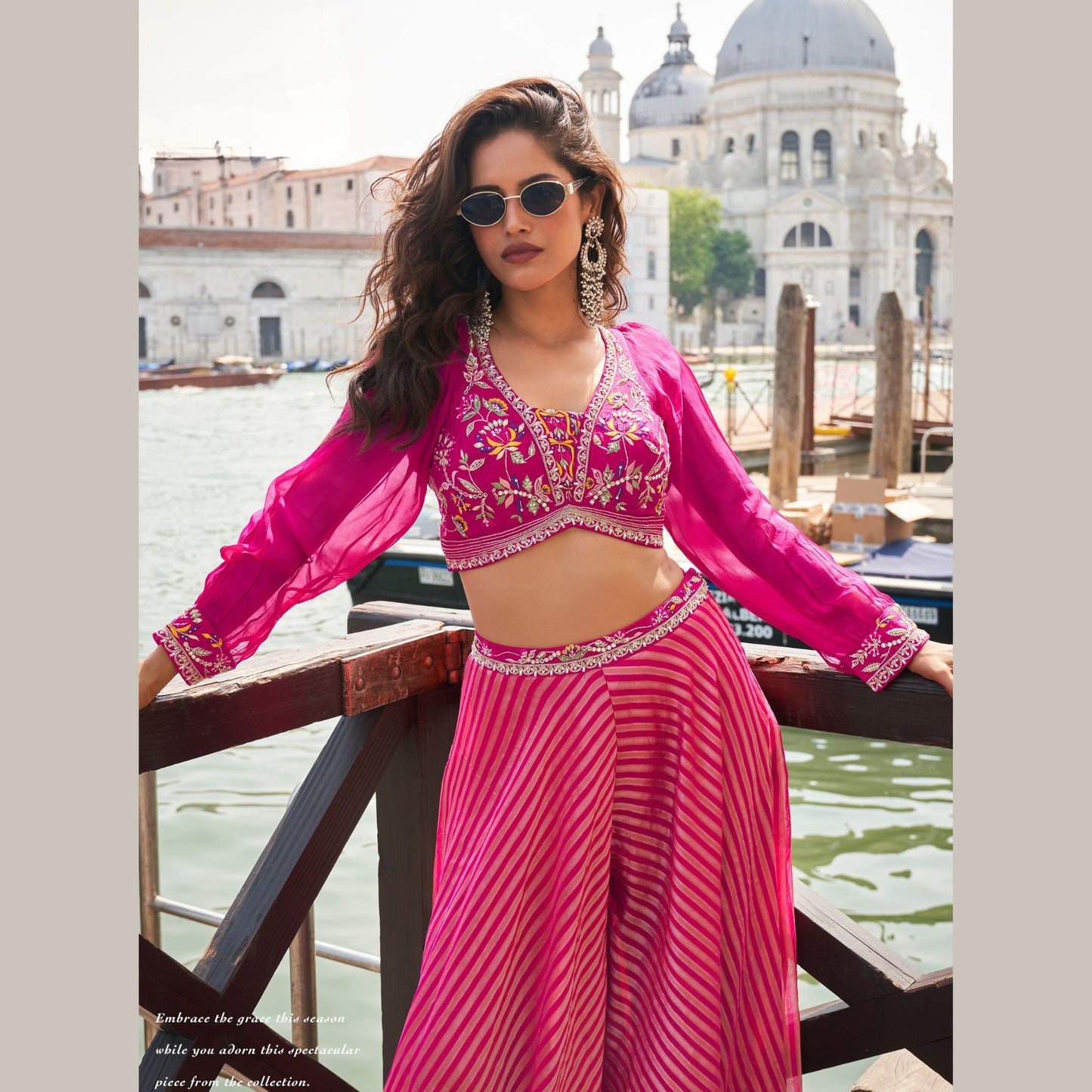 GulRuh Fuchsia Pink Cape & Flared Palazzo Set