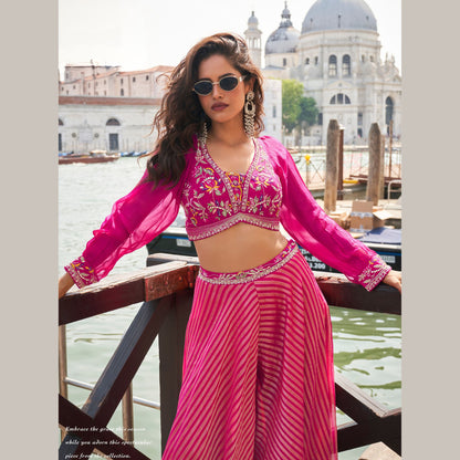 GulRuh Fuchsia Pink Cape & Flared Palazzo Set