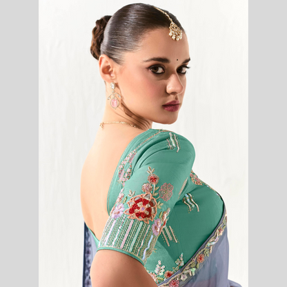 purple tint Runway Organza Tissue Saree with Heavy Embroidered Border – Designer Party Wear