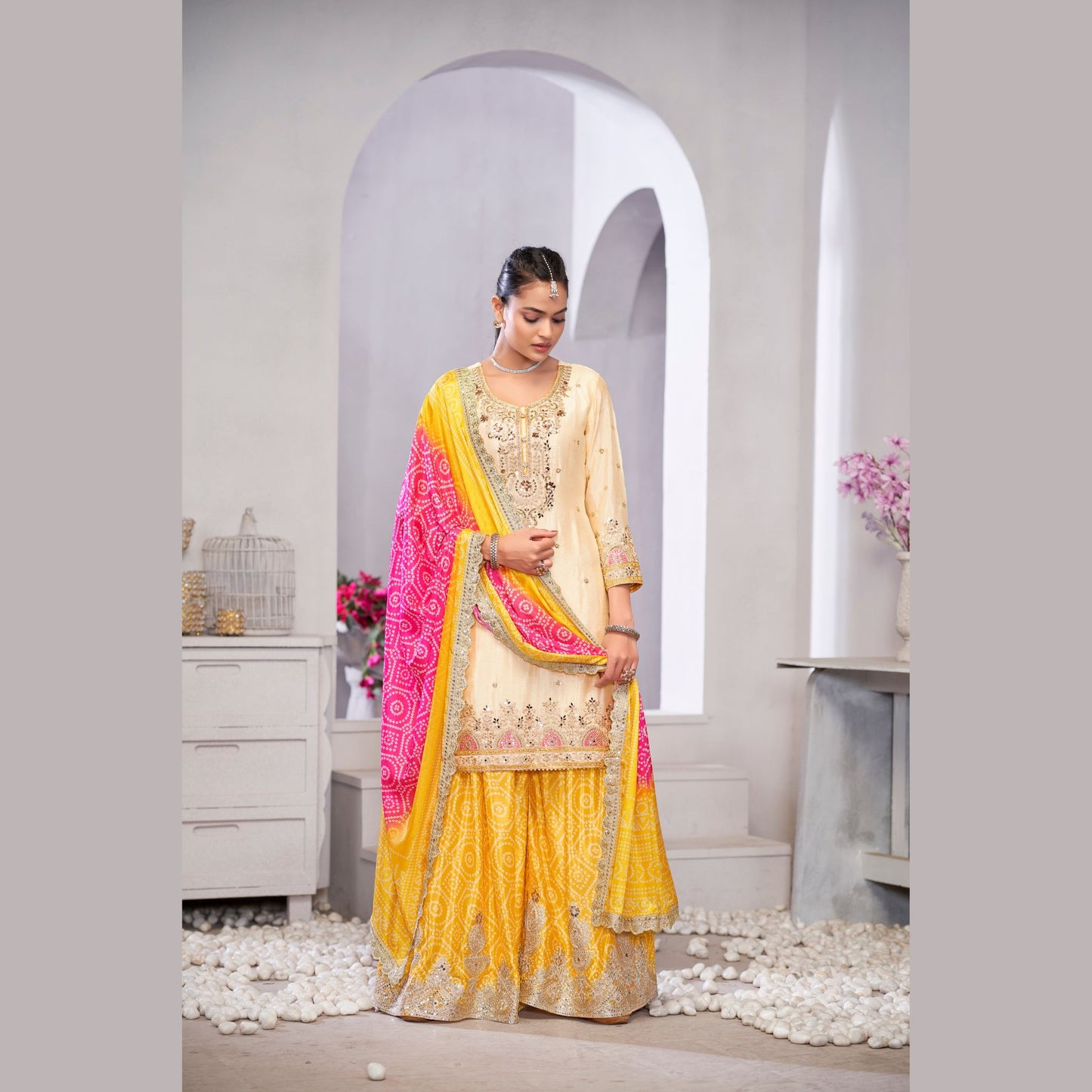 Sunrise Royale Yellow & Ivory Chinon Palazzo Suit