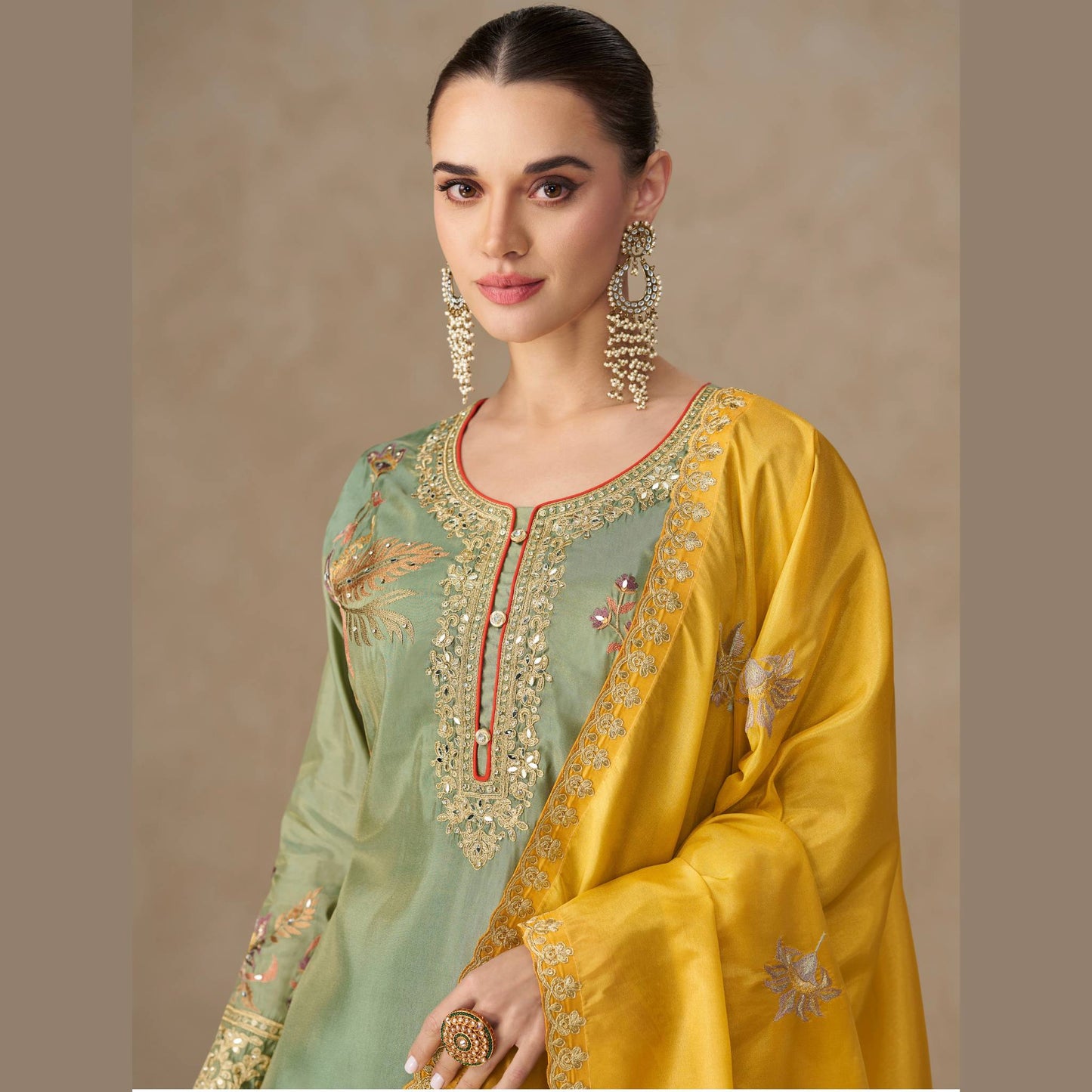 Noor-E-Bahar – Mint Green Silk Straight Kurta Palazzo Set with Mustard Dupatta