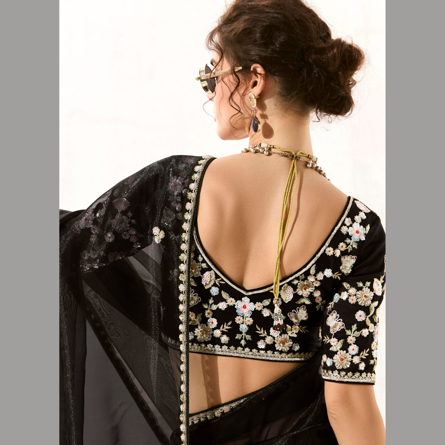 Black Runway Organza Tissue Saree with Heavy Embroidered Border – Designer Party Wear