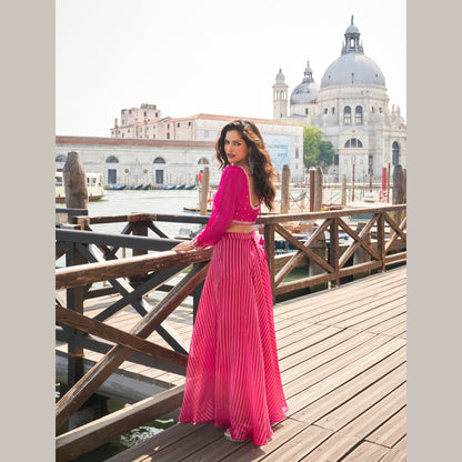 GulRuh Fuchsia Pink Cape & Flared Palazzo Set