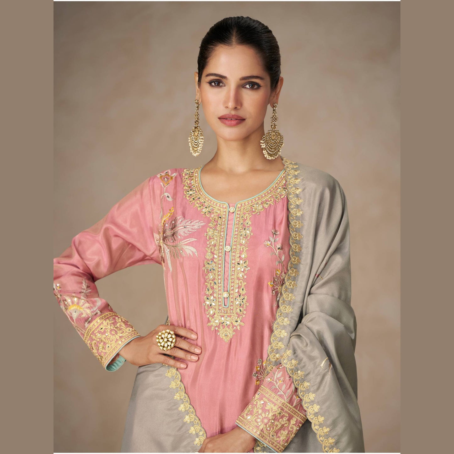 Blush Pink Silk Straight Kurta Palazzo Set with Grey Dupatta