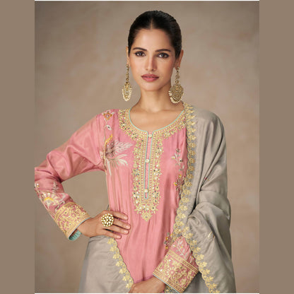 Blush Pink Silk Straight Kurta Palazzo Set with Grey Dupatta