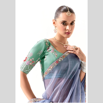 purple tint Runway Organza Tissue Saree with Heavy Embroidered Border – Designer Party Wear