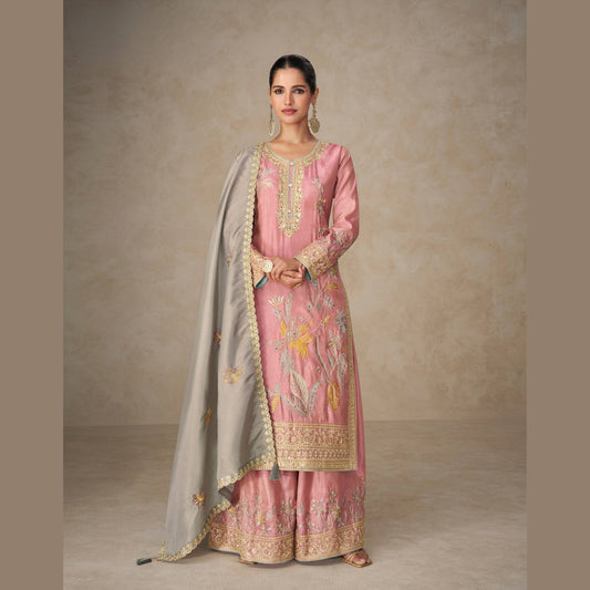 Blush Pink Silk Straight Kurta Palazzo Set with Grey Dupatta