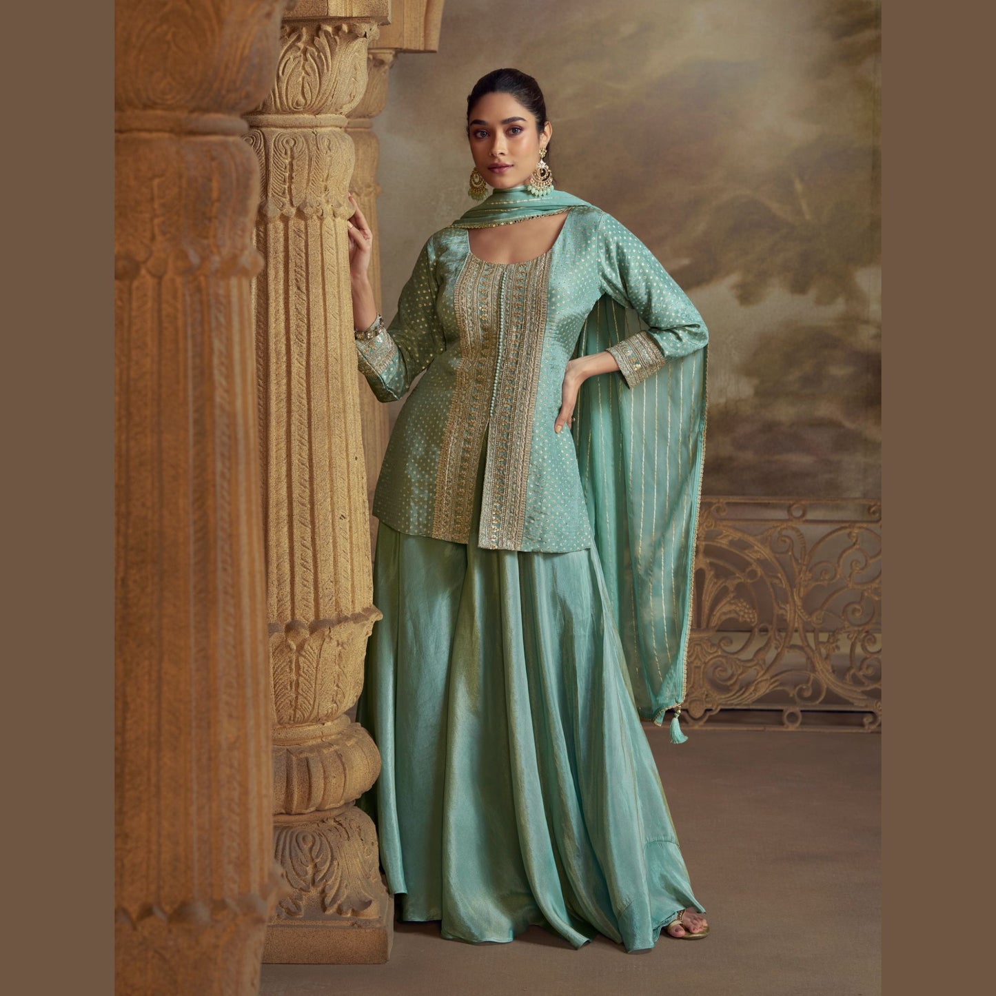 Mehrin Aqua Green Kurta with Sharara Set