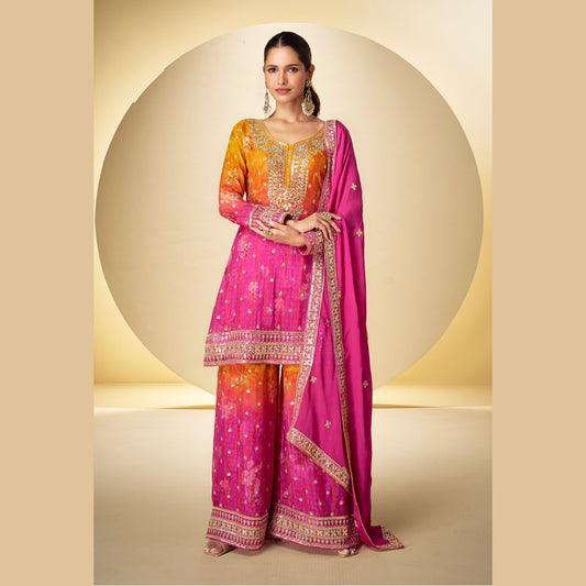 Fuchsia Flame Embroidered Sharara Set with Dupatta
