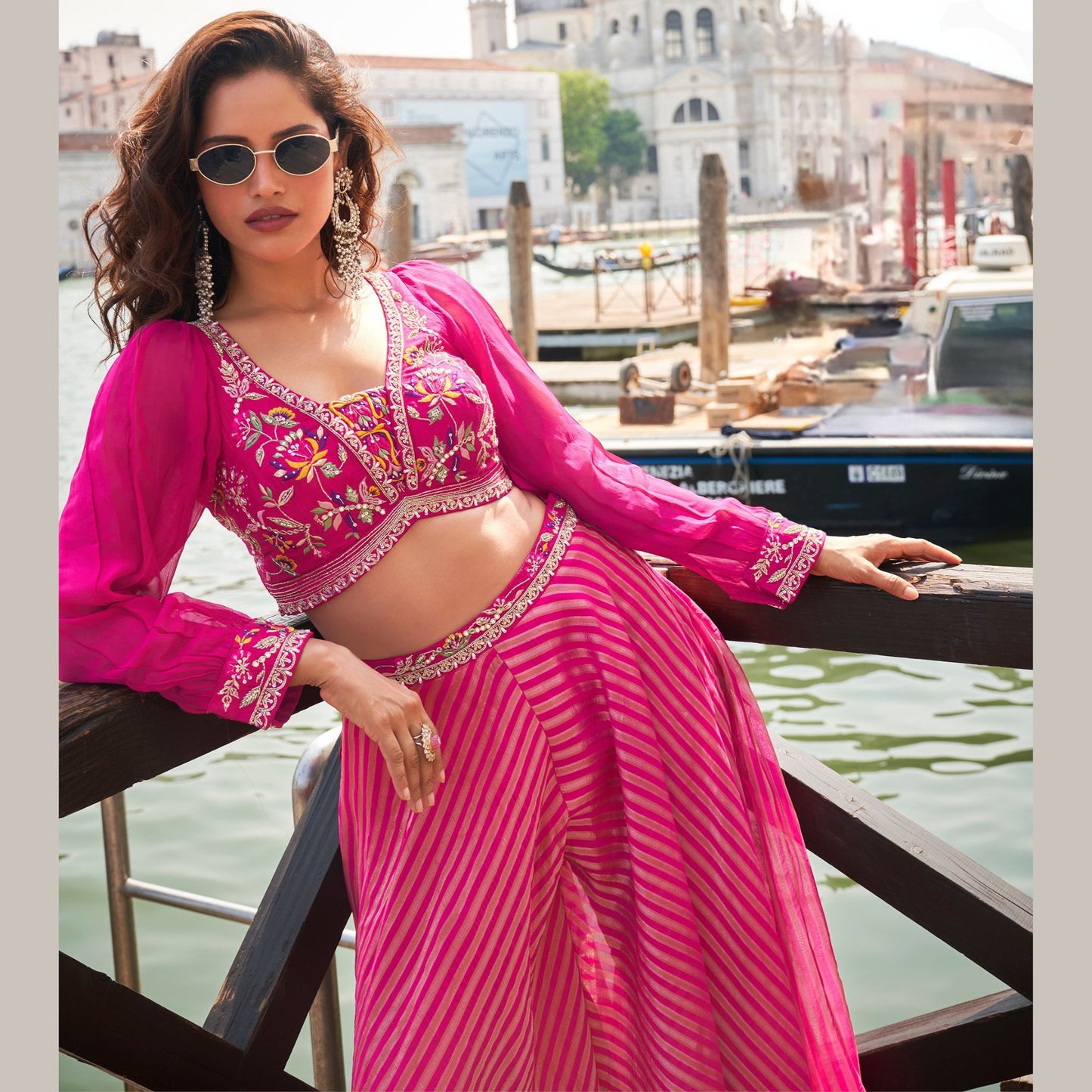 GulRuh Fuchsia Pink Cape & Flared Palazzo Set