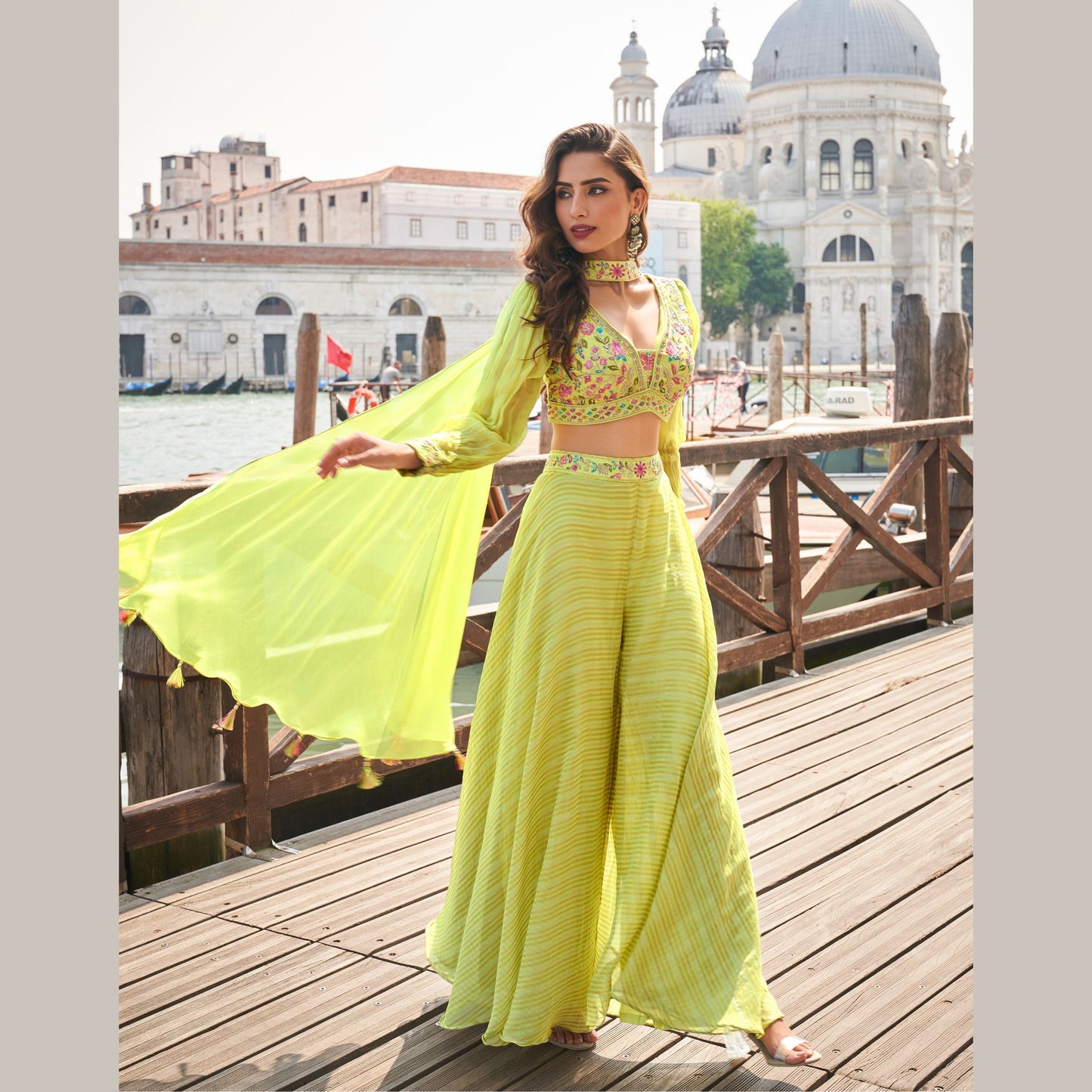 Zehra Lime Glow Palazzo Ensemble with Cape